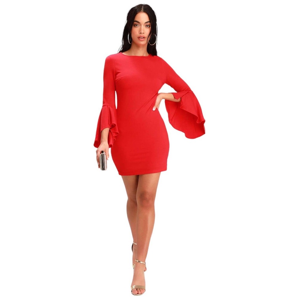 Lulus Gimme Some Flair Red Flounce Sleeve Bodycon Lined Womens Dress Red M - Picture 16 of 16
